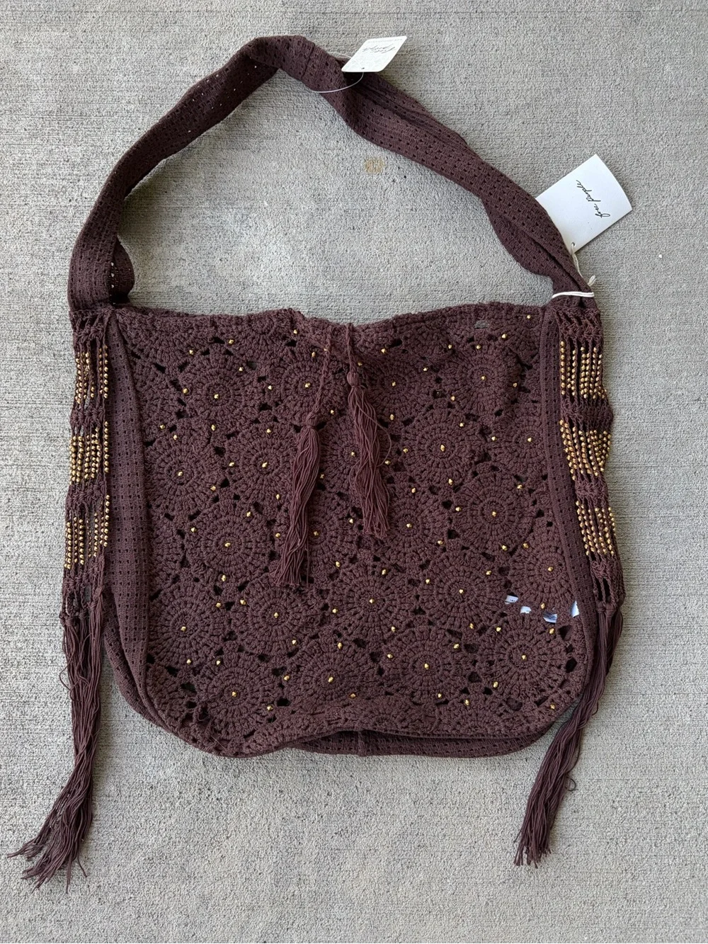 Free people sunrise to sunset crochet tote brown gold shoulder bag purse NWT